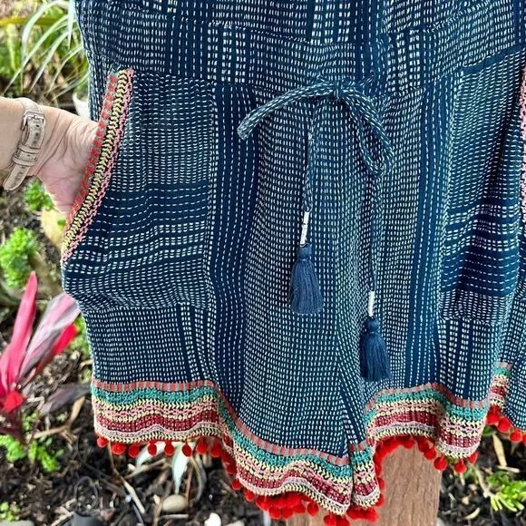 ANTHRO blue romper off the shoulder with embroidery red pompoms sz Large - Picture 11 of 13